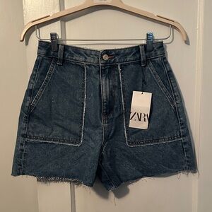ZARA Dark Blue High-Rise Denim Shorts with Patch Pockets